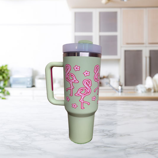 Pink Flamingo 40 oz Tumbler with Handle